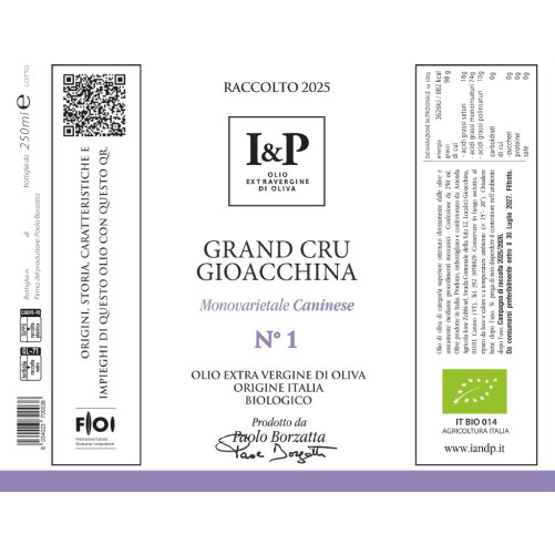 N°1 Grand Cru Gioacchina - Caninese - Olio Extravergine di Oliva - Prodotto Tipico del Lazio - Bottigia da 250 ml - I & P