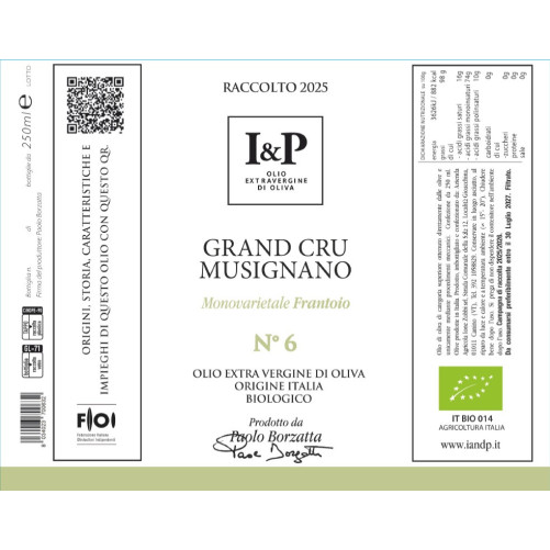 N° 6 Grand Cru Musignano - Frantoio - Olio Extravergine di Oliva - Prodotto Tipico del Lazio - Bottigia da 250 ml - I & P