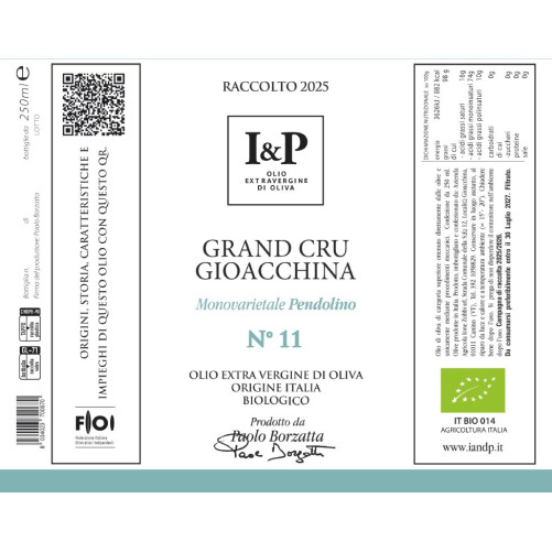 N°11 Grand Cru Gioacchina - Pendolino - Extra Virgin Olive Oil - Typical Product of Lazio - 250 ml Bottle - I & P