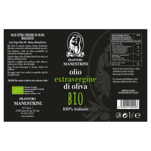 ORGANIC Extra Virgin Olive Oil – Cold Extracted – Produced in Brescia – 1 L Bottle – Frantoio Manestrini