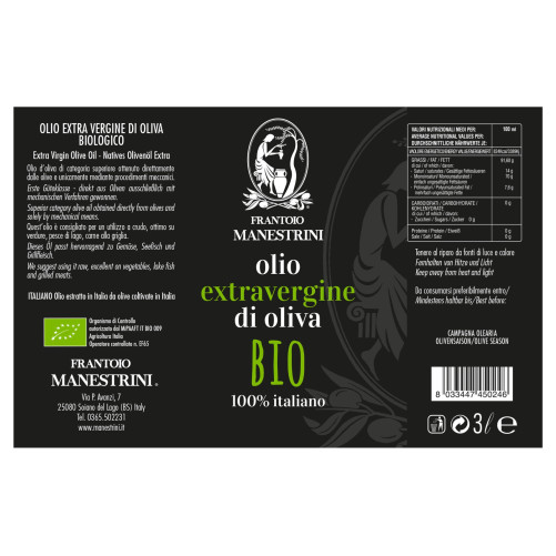 Huile d’olive vierge extra BIOLOGIQUE – Extraite à froid – Produite à Brescia – Bidon de 3 L – Frantoio Manestrini