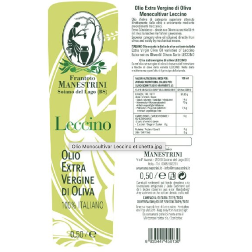 Monocultivar Leccino Olive Oil – Extra Virgin Olive Oil – Produced in Brescia – 500 ml Bottle – Frantoio Manestrini