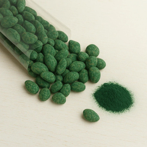 Mandeln mit Schokolade und Spirulina - Überzogene Mandeln - Hergestellt in Bari - 200-g-Packung - La Fattoria Della Mandorla